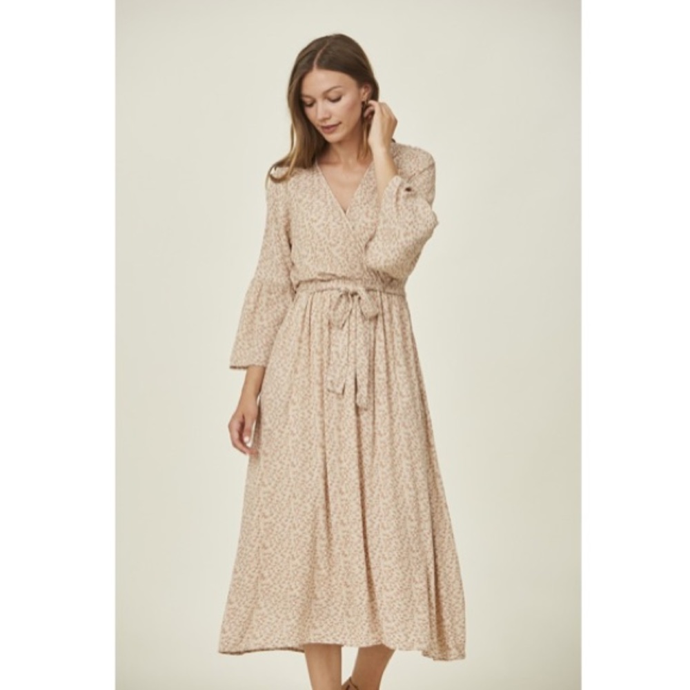 NWT Floral Boho Spring Summer Long Sleeve Tan Blush Pink Midi Dress M XL